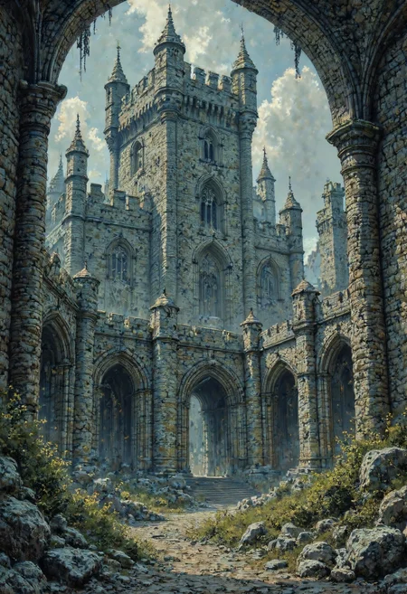 Illustration, The castle of El rises from the land like a dream from the abyss, an imposing dark massif of stone and shadow that seems to have emerged from the depths of time itself. Its high walls are adorned with intricate carvings that tell stories of creation and havens, while its towers stretch upwards towards the heavens like spindly fingers reaching for divine inspiration. Within its dark confines, one can sense an otherworldly energy that seems to emanate from every stone and crevice, as if the very essence of creation pulses within its walls. The castle of El is a place of awe and wonder, a monument to the power of the divine and a testament to the enduring legacy of the gods. <lora:ILLUSTRATION_(FLUX)_-_V3.1:1>