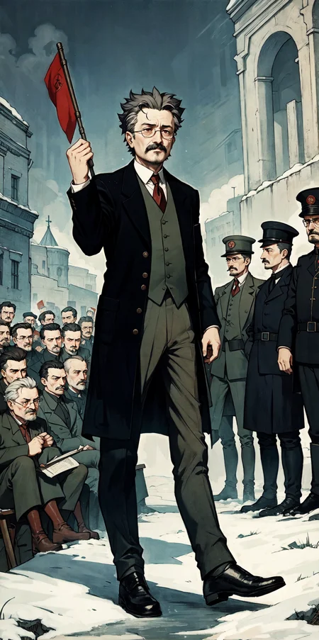 Leon Trotsky in a suit giving a speech during Russian Revolution, 1917 year