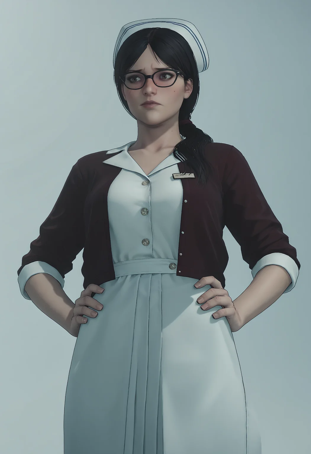 score_9, score_8_up, score_7_up, score_6_up, score_5_up, score_4_up, 1girl, <lora:TatianaGutierrez:0.75> solo, large breasts, long hair, black hair, brown eyes, hair over shoulder, dress, jacket, nurse cap, glasses, nurse, embarrassed, blush, from below, hands on hips,
light blue background, simple background,