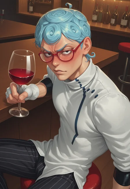 realistic, anime, masterpiece, best quality, detailed background, 8k, 1boy, solo, Ghiaccio, light blue hair, short hair, curly hair, black eyes, red glasses, shirt collar, white shirt, long-sleeved shirt, fingerless gloves, white gloves, black pants, pinstripe pants, sitting, indoors, bar, barstool, holding wine glass, calm, half body, blushing, drunk, face focus, looking at viewer, turning to viewer, no pose,