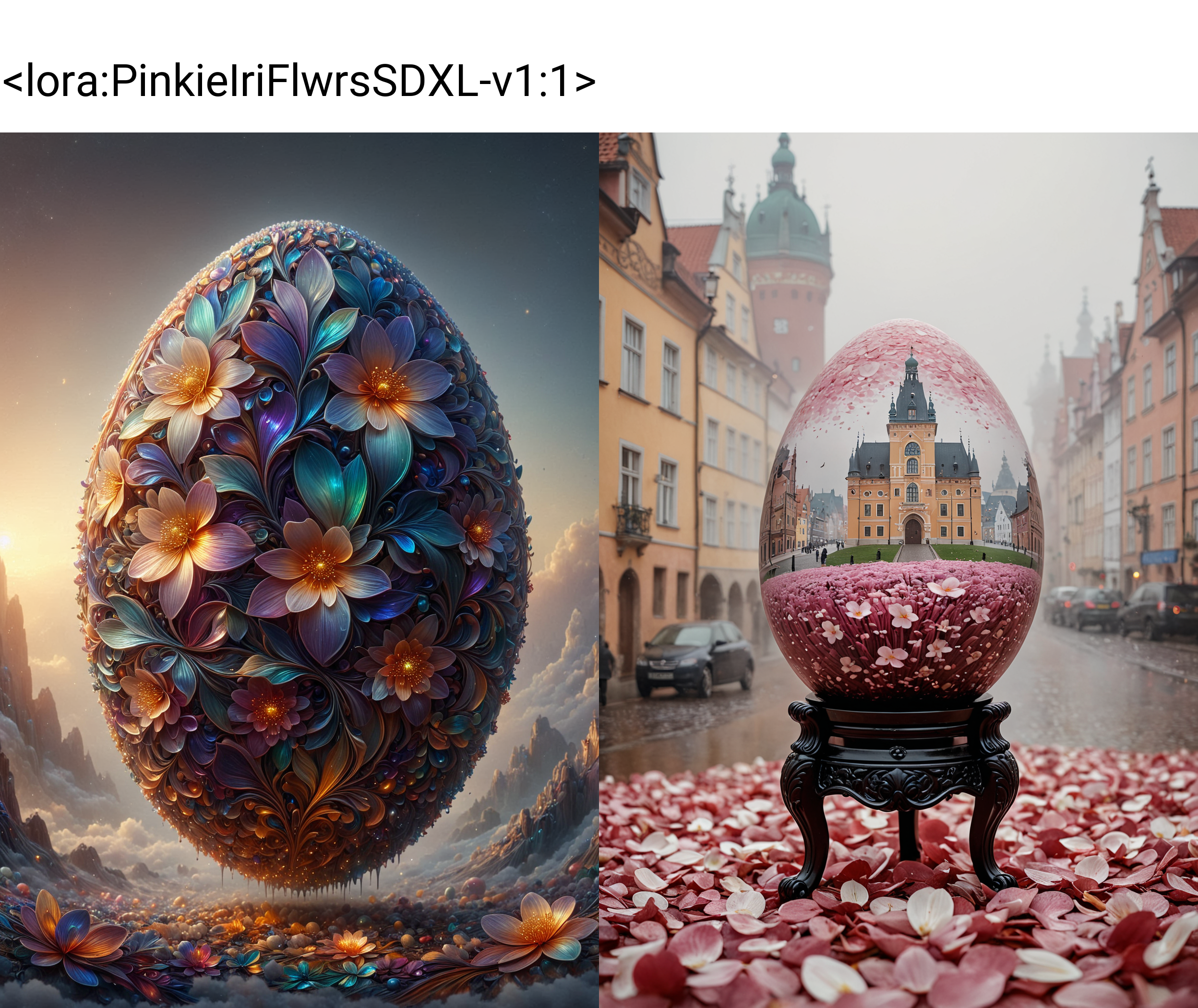 (photography art stylized by Jack Hughes:1), landscape art, concept art, Inca (Faberge egg:1.2), Repulsive, it is smooth, inside a Gdansk, Foggy conditions, Miniaturecore, horror, made out of iridescent flower petals, <lora:PinkieIriFlwrsSDXL-v1:1>, p1nk1r1fl0wers,
