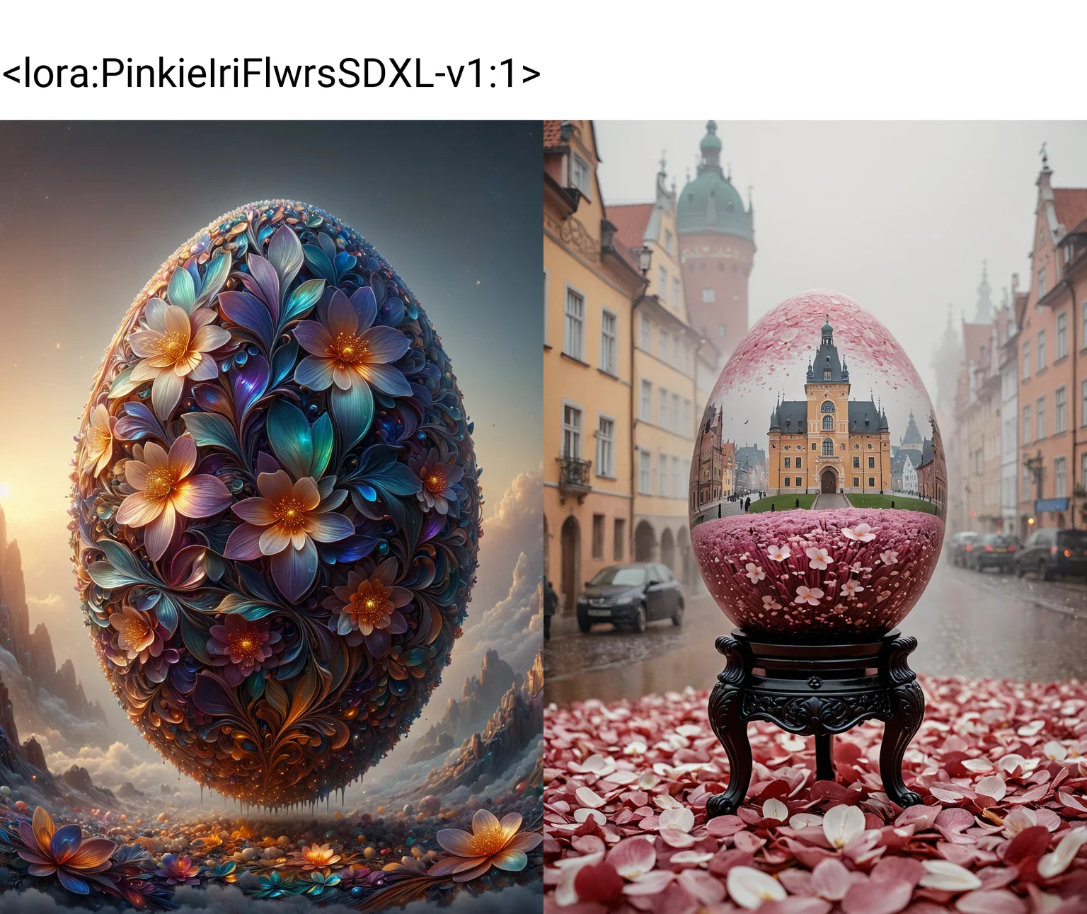 (photography art stylized by Jack Hughes:1), landscape art, concept art, Inca (Faberge egg:1.2), Repulsive, it is smooth, inside a Gdansk, Foggy conditions, Miniaturecore, horror, made out of iridescent flower petals, <lora:PinkieIriFlwrsSDXL-v1:1>, p1nk1r1fl0wers,
