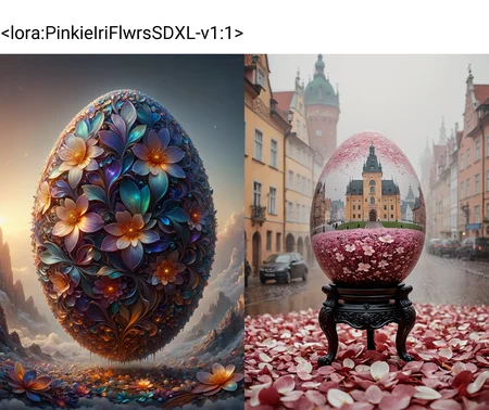 (photography art stylized by Jack Hughes:1), landscape art, concept art, Inca (Faberge egg:1.2), Repulsive, it is smooth, inside a Gdansk, Foggy conditions, Miniaturecore, horror, made out of iridescent flower petals, <lora:PinkieIriFlwrsSDXL-v1:1>, p1nk1r1fl0wers,