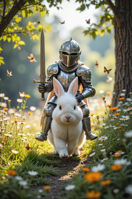 A hyper-realistic portrait, photorealistic photo close-up image of A tiny knight, dressed in shining silver armor that glints in the sunlight, rides atop a fluffy white bunny through a peaceful meadow filled with wildflowers. The knightâs helmet is slightly too big, causing it to tilt to one side, but his tiny sword is held high as he bravely surveys the landscape. The bunny hops along gently, its soft fur brushing against the knightâs armor with each bounce, creating a comical yet adorable sight. Around them, butterflies flit through the air, and birds sing from the branches of nearby trees, adding to the idyllic atmosphere. The knight, despite his small size, exudes a sense of courage and determination, as if ready to take on any challenge that might come their way. The meadow is awash with color, from the vibrant flowers to the lush green grass, making it feel like a perfect day for an adventure. The scene is both charming and whimsical, with the tiny knight and his bunny steed looking like theyâve stepped out of a fairy (photography, high-resolution, dynamic, energetic,hyper-realistic, dramatic lighting, shallow depth of field.), detailmaximizer, MythP0rt<lora:midjourney_whisper_flux_lora_v01:0.55><lora:aidmaMJ6.1-FLUX-V0.1:0.4><lora:FluxMythP0rtr4itStyle:0.4><lora:detailed_flux_ntc:2.2><lora:aidmaImageUpgrader-FLUX-V0.1:0.65>