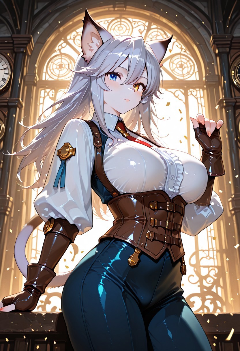 masterpiece, best quality, amazing quality, very aesthetic, absurdres, newest, bright, background, masterpiece, best quality, amazing quality, very aesthetic, volumetric lighting, BREAK ambient occlusion, intricate background, low lighting, rim light, (beautiful face), BREAK masterpiece, highly detailed,1girl, beautiful eyes, big eyes, detailed eyes, detailed pupils, perfect body, BREAK, anthro, furry, fur, catgirl, a felineko girl in steampunk industrial fantasy clothe look a clocktower form a street point of view balcony, silver hair, heterochromia eyes, yellow& bleu iris eyes, steampunk town, clock tower in city background, industrial clothe, corset, leather fingerless glove, pant, furry girl, mature female, adult, adult torso, little tail bronx, tail concerto, solatorobo, fuga melody of steel, feast day, confetti, banner, flying island in sky, fantasy \(theme\),