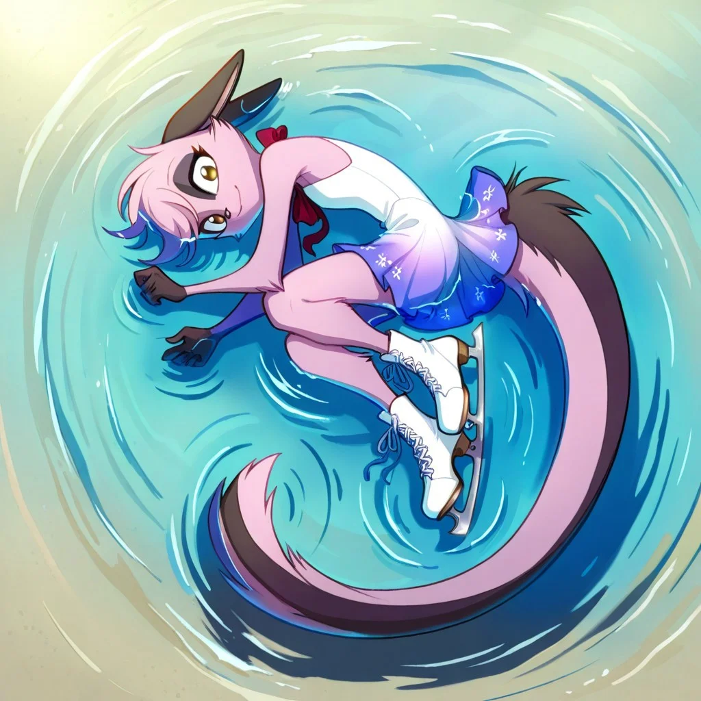 1girl,solo,furry,pink fur,tail,ears,source_furry,
,<lora:Viriathus_Vayu_illustrious:0.8>,
masterpiece, best quality, child, kid, , figure skating dress, short dress, sleeveless, gradient clothes, red bow, water, partially submerged, afloat, shallow water, ripples, lying, on side, full body, from above, cross-laced footwear, white footwear, ice skates, looking at viewer, light smile, closed mouth