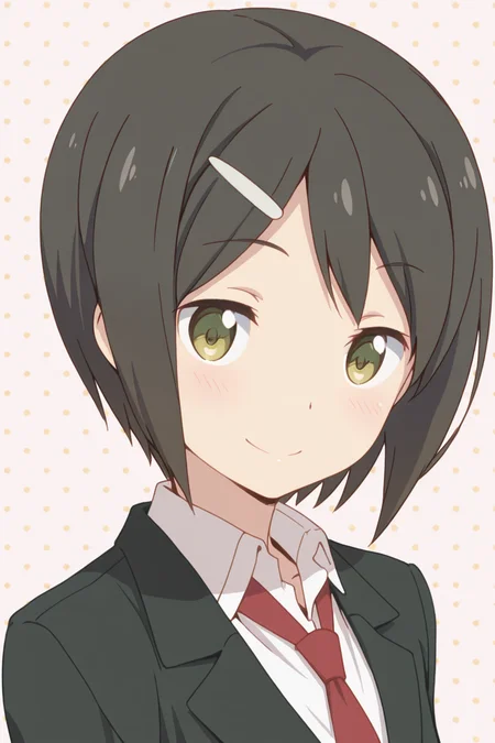 masterpiece, best quality, amazing quality,
<lora:Kaede_IL:1> kaede, solo, necktie, school uniform, hair ornament, smile, short hair, hairclip, 1girl, red necktie, looking at viewer, black hair, blazer, polka dot, simple background, portrait