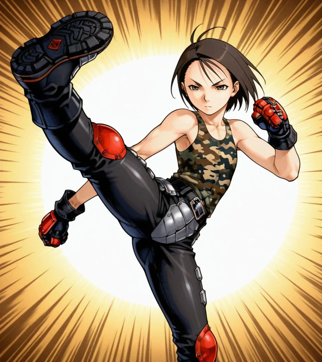 masterpiece, best quality, <lora:Akira_Kazama_Rival_Schools_-_IL:1>, kazama akira, 1girl, flat chest, tanktop, camouflage, biker pants,  expressionless, v-shaped eyebrows, solo, fighting stance, kick, biker boots, biker gloves,