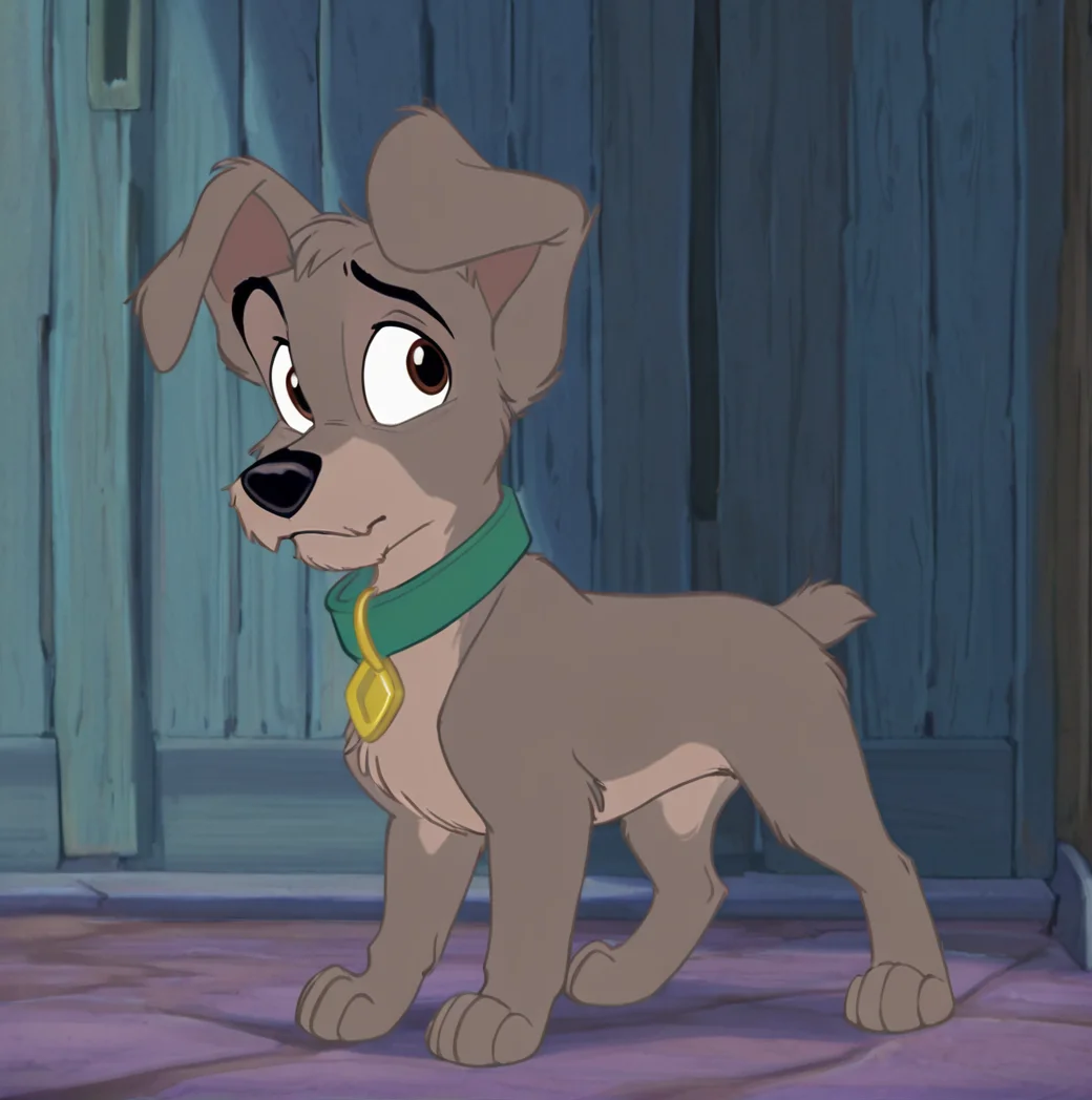 (masterpiece), (best quality), (ultra-detailed), amazing quality, very aesthetic, perfect composition,  absurdres, incredibly absurdres, <lora:scamp_illustrious:1>, scampdog, solo, brown eyes, full body, collar, no humans, animal, animalization, two tone fur, dog, body fur, grey fur