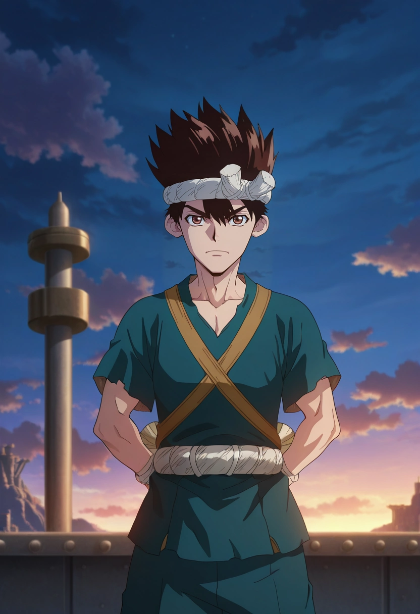 masterpiece, best quality, intricate details, anime screencap, anime coloring, , , 1boy, solo, male focus, <lora:chrome_dr_stone_ilxl:0.98>, chrome_dr_stone, brown hair, brown eyes, short hair, spiked hair, headband, hachimaki, sky fortress, cloud walls, wind towers, lookout posts, guard pose, vigilant expression, night,