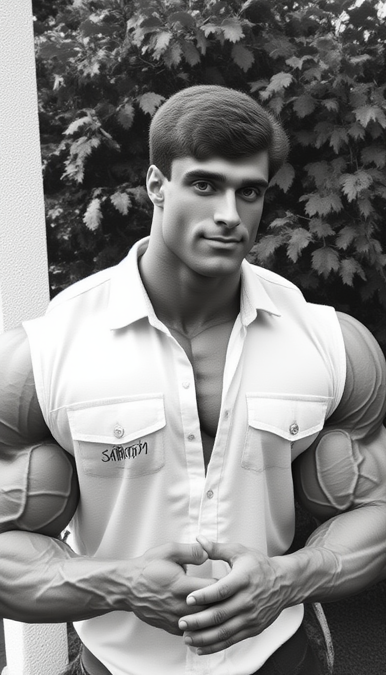 This black-and-white photograph features a  youngish (18-25) masculine @wssngr1 male muscular man standing outdoors in a park-like setting. The man has perfect hands, is positioned slightly to the right of center, has a well-defined, extremely muscular physique with bulging biceps and a broad chest. He is wearing white branded "chrome188" with  short sleave shirt with pockets that accentuates his muscular build, and his short, dark hair is neatly combed back. His expression is confident and slightly serious.
In the background, lush green foliage with leaves and trees can be seen, suggesting a park or garden setting. The lighting is natural, likely from the sun, casting soft shadows that enhance the texture of his skin and the definition of his muscles. To the left of the man, there is a white, textured surface, possibly a wall or part of a building, adding a contrasting element to the image.
The photograph is signed in the bottom left corner with the text "CHROME188." The overall style is classic, with a focus on the man's physique and the natural environment. The image is high-contrast, emphasizing the details of the man's body and the textures of the foliage. The composition is slightly tilted, giving a dynamic and engaging feel to the photograph.
<lora:Hand v2:1><lora:@brtlmss1.v4.style.solo.flux1d_epoch_1:1.2><lora:JohnWessinger.v1.char.@wssngr1.flux1d_epoch_3:0.9>