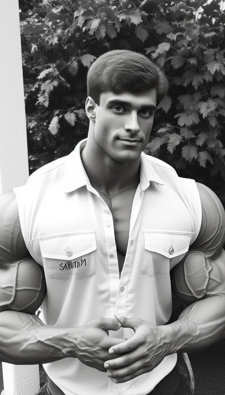 This black-and-white photograph features a youngish (18-25) masculine @wssngr1 male muscular man standing outdoors in a park-like setting. The man has perfect hands, is positioned slightly to the right of center, has a well-defined, extremely muscular physique with bulging biceps and a broad chest. He is wearing white branded "chrome188" with short sleave shirt with pockets that accentuates his muscular build, and his short, dark hair is neatly combed back. His expression is confident and slightly serious.
In the background, lush green foliage with leaves and trees can be seen, suggesting a park or garden setting. The lighting is natural, likely from the sun, casting soft shadows that enhance the texture of his skin and the definition of his muscles. To the left of the man, there is a white, textured surface, possibly a wall or part of a building, adding a contrasting element to the image.
The photograph is signed in the bottom left corner with the text "CHROME188." The overall style is classic, with a focus on the man's physique and the natural environment. The image is high-contrast, emphasizing the details of the man's body and the textures of the foliage. The composition is slightly tilted, giving a dynamic and engaging feel to the photograph.
<lora:Hand v2:1><lora:@brtlmss1.v4.style.solo.flux1d_epoch_1:1.2><lora:JohnWessinger.v1.char.@wssngr1.flux1d_epoch_3:0.9>
