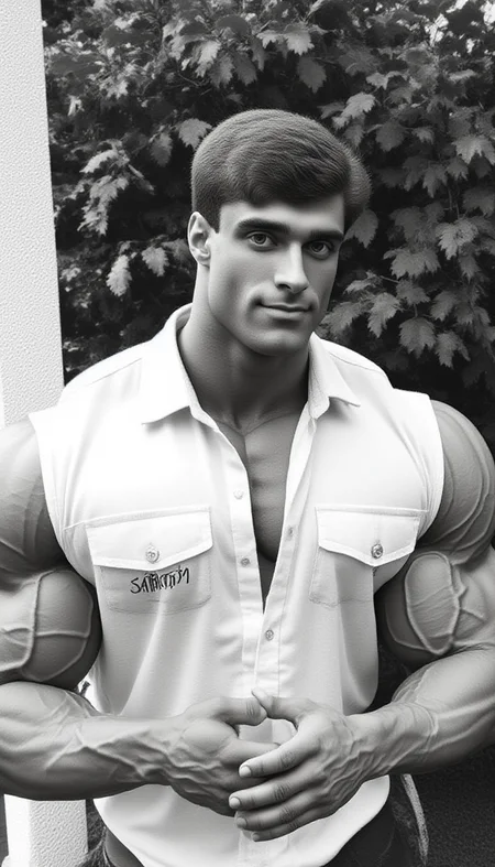 This black-and-white photograph features a youngish (18-25) masculine @wssngr1 male muscular man standing outdoors in a park-like setting. The man has perfect hands, is positioned slightly to the right of center, has a well-defined, extremely muscular physique with bulging biceps and a broad chest. He is wearing white branded "chrome188" with short sleave shirt with pockets that accentuates his muscular build, and his short, dark hair is neatly combed back. His expression is confident and slightly serious.
In the background, lush green foliage with leaves and trees can be seen, suggesting a park or garden setting. The lighting is natural, likely from the sun, casting soft shadows that enhance the texture of his skin and the definition of his muscles. To the left of the man, there is a white, textured surface, possibly a wall or part of a building, adding a contrasting element to the image.
The photograph is signed in the bottom left corner with the text "CHROME188." The overall style is classic, with a focus on the man's physique and the natural environment. The image is high-contrast, emphasizing the details of the man's body and the textures of the foliage. The composition is slightly tilted, giving a dynamic and engaging feel to the photograph.
<lora:Hand v2:1><lora:@brtlmss1.v4.style.solo.flux1d_epoch_1:1.2><lora:JohnWessinger.v1.char.@wssngr1.flux1d_epoch_3:0.9>