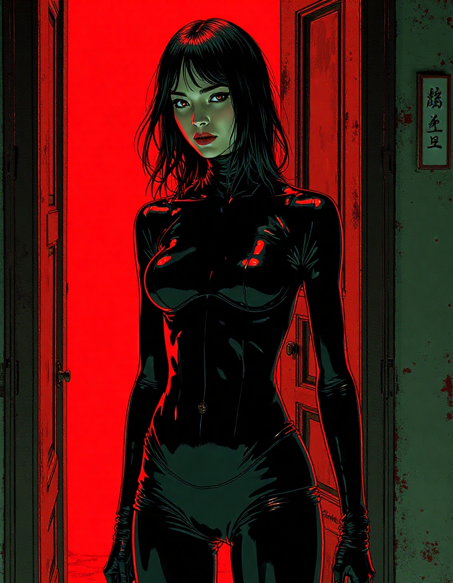 A matrix style illustration of Alien wearing latex in the style of Nisio Isin's Kizumonogatari, artwork by Oh! great and Vofan, bold colours, minimalistic colour scheme, pulp fiction