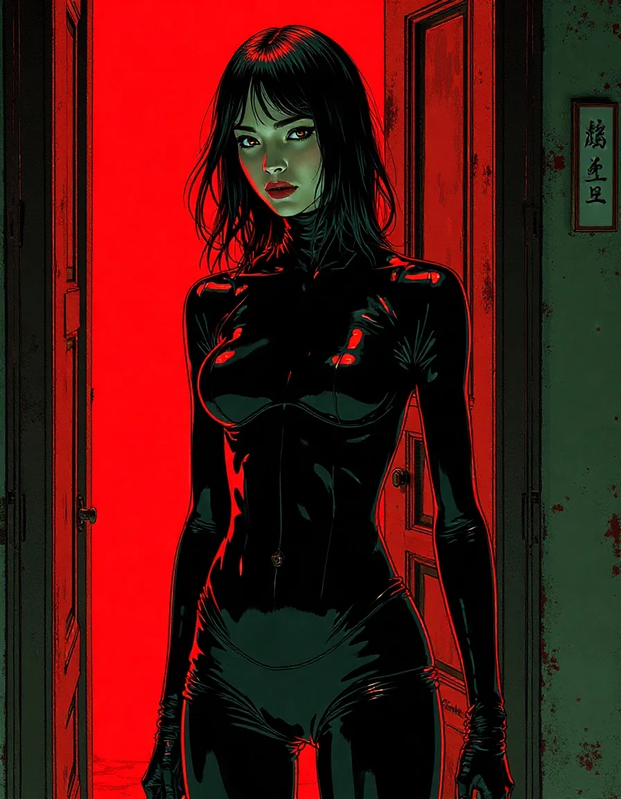 A matrix style illustration of Alien wearing latex in the style of Nisio Isin's Kizumonogatari, artwork by Oh! great and Vofan, bold colours, minimalistic colour scheme, pulp fiction