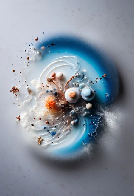 <lora:ElementsMixSDXL:1.0> ElementsMix (Wind:0.6),(Earth:0.5),(Fire:0.4),(Water:0.8), each element beautifully plated on a high-end ceramic plate for a michelin star meal, creative molecular gastronomy, award winning food photography, mise en place