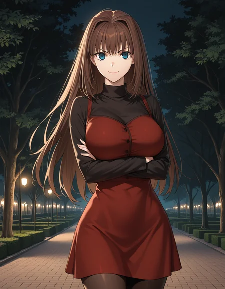 1girl, solo, aozaki aoko, brown hair, long hair, hair intakes, blue eyes, smile, closed mouth, v-shaped eyebrows, big breasts, black shirt, turtleneck, long sleeves, red dress, short dress, pantyhose, crossed arms, arms under breasts, standing, (watson cross:1.2), crossed legs, looking at viewer, cowboy shot, outdoors, park, trees, night, dark theme <lora:aozaki_aoko_ilxl_v1:0.8>