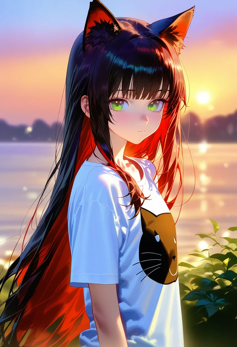 masterpiece, best quality, <lora:WHM 0.2v:1>, WHM,
1girl, solo, animal ears, black hair, long hair, shirt, green eyes, looking at viewer, white shirt, colored inner hair, red hair, multicolored hair, upper body, cat ears, short sleeves, bangs, two-tone hair, closed mouth, blurry background, blurry, outdoors, animal ear fluff, t-shirt, cat print, very long hair, collarbone, animal print, print shirt, sky, evening, lens flare, from side,