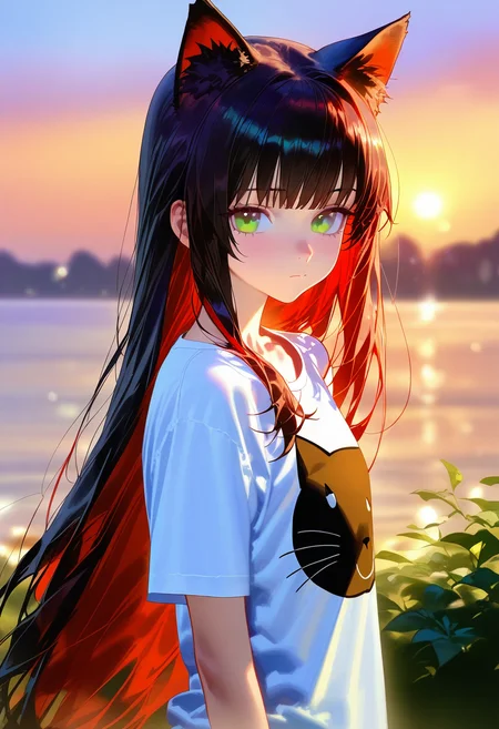 masterpiece, best quality, <lora:WHM 0.2v:1>, WHM,
1girl, solo, animal ears, black hair, long hair, shirt, green eyes, looking at viewer, white shirt, colored inner hair, red hair, multicolored hair, upper body, cat ears, short sleeves, bangs, two-tone hair, closed mouth, blurry background, blurry, outdoors, animal ear fluff, t-shirt, cat print, very long hair, collarbone, animal print, print shirt, sky, evening, lens flare, from side,