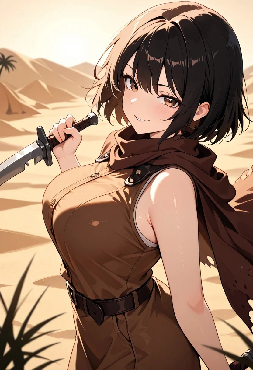 masterpiece, best quality, good quality, very aesthetic, absurdres, newest, 8K, depth of field, in the style of cknc, artist:moriimee, in the style of cksc,
1girl, short black hair, messy, brown eyes, large breasts, bouncy, leather bandana, tattered cloak, sandy skin, wielding dagger, smirking, looking at viewer, from side
BREAK
desert oasis, palm trees, sandstorm brewing
BREAK
warm light, golden tones, high contrast, dusty haze, rich details, adventurous vibe