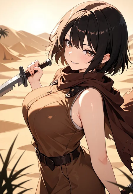 masterpiece, best quality, good quality, very aesthetic, absurdres, newest, 8K, depth of field, in the style of cknc, artist:moriimee, in the style of cksc,
1girl, short black hair, messy, brown eyes, large breasts, bouncy, leather bandana, tattered cloak, sandy skin, wielding dagger, smirking, looking at viewer, from side
BREAK
desert oasis, palm trees, sandstorm brewing
BREAK
warm light, golden tones, high contrast, dusty haze, rich details, adventurous vibe