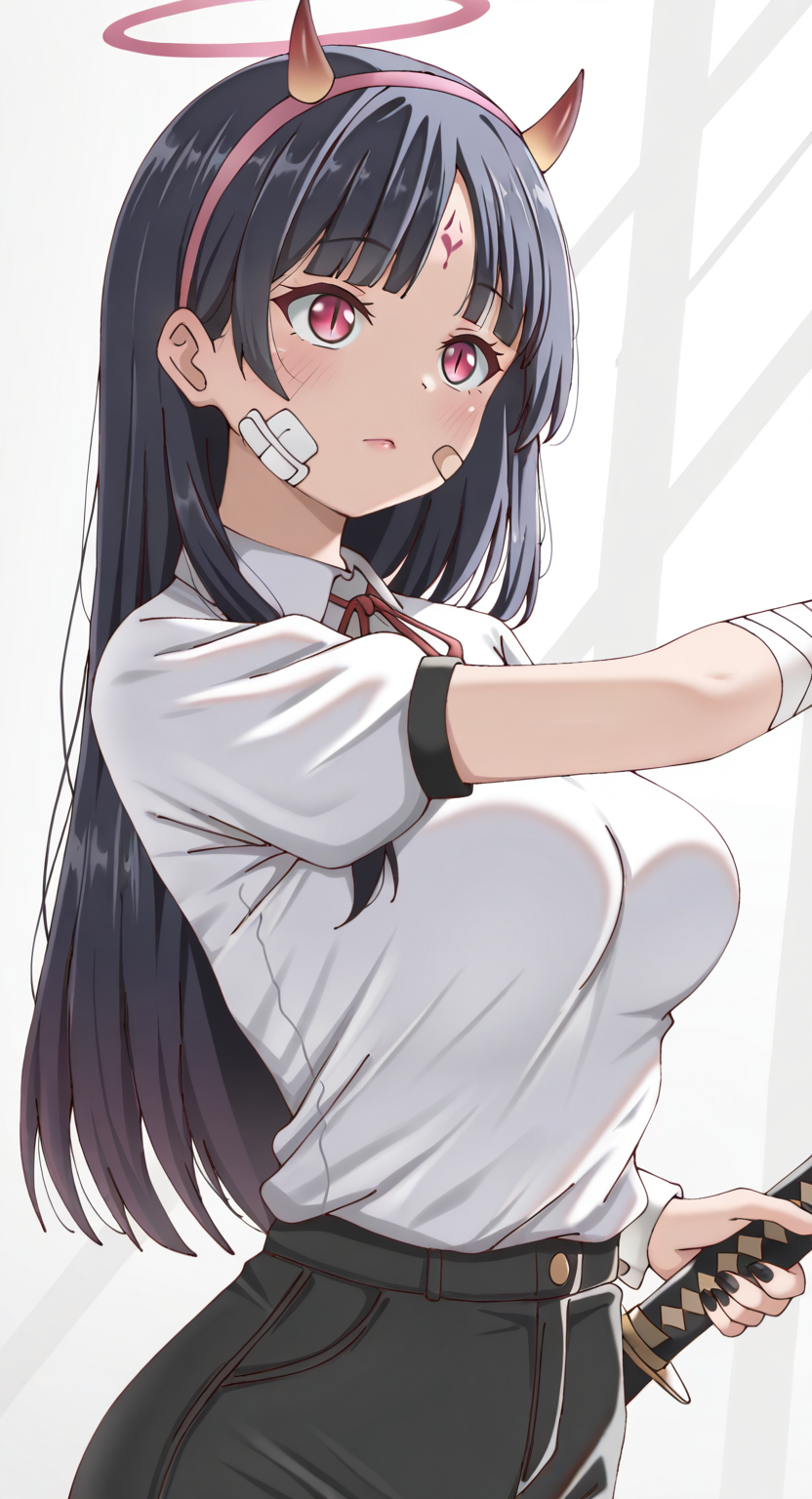 masterpiece, cute, lovely, newest, absurdres, (best quality:1.3), amazing quality, very aesthetic, 1girl, solo, high_resolution, hq, 4k, BREAK. high gradient eyes, very cute, light particles, cute details, cute colors, mature woman, (Poa_Mellhen_Style), oni, oni horns, dark blue hair, straight hair, blunt bangs, pink eyes, slit pupils, (medium breasts:1.2), sagging_breasts, BREAK,  bandaid on face, bandaid, bandaid on cheek, forehead mark, parted lips, wrist cuffs, neck ribbon, short sleeves, fingernails, shirt, hairband, puffy short sleeves, puffy sleeves, shorts, t-shirt, bandages, sheath, sword, solo, holding, simple background, grey background, upper body, halo, facial mark, nail polish, closed mouth, red ribbon, black nails, bandaged arm, holding weapon, light frown, light rays, pink hairband, red lips, scabbard, weapon, white shirt, masterpiece, best quality, very aesthetic, intricate details, vivid colors, smooth shading, dynamic lighting, professional illustration, soft gradients, balanced composition, elegant pose, high-resolution, sharp focus, 8k, hdr, crisp lines, perfect lighting, sharp eyes, detailed eyes, highly detailed