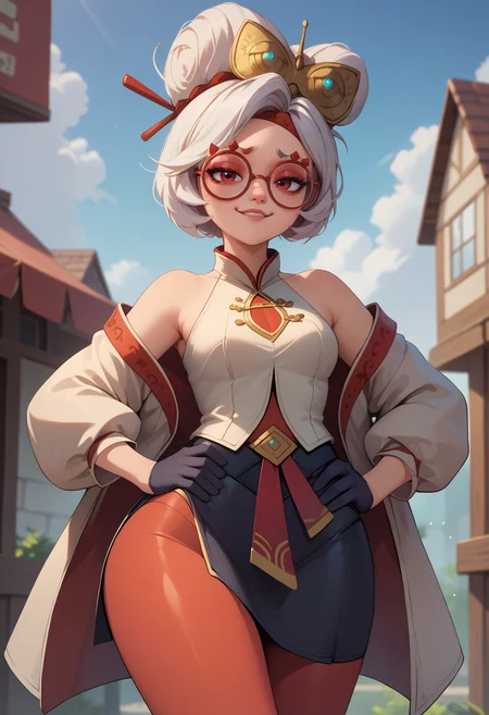 score_9, score_8_up, score_7_up BREAK <lora:purah-pdxl-nvwls-v1:1> purah, smug, hands on hips, hair ornament, red headband, red glasses, sleeveless shirt, white coat, black skirt, red leggings, gloves