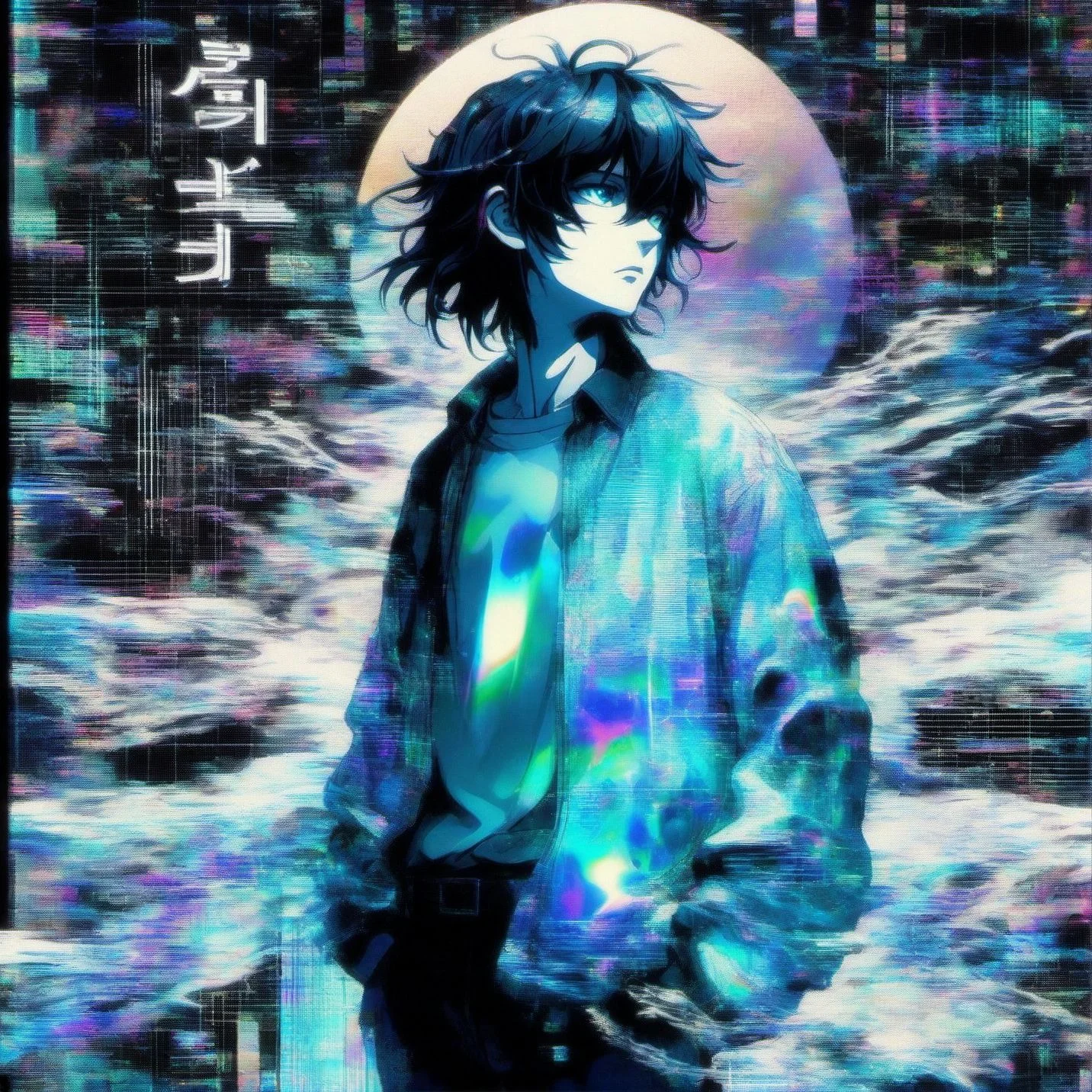 <lora:AnimeMan14_BestJuggernaut:1> ((Male Anime Character)), holographic, male anime character, where the past and the universe converge. A black-haired anime man, anime magazine cover, anime boy,kanji typography, lain from serial experiments lain, glitch, glitch art, anime typography, harajuku clothes, glitchy, liminal space, digital user interface, close up Japanese lush flora water dripping leaves echoing blue rings turquoise glowing aura fractal pearlescent iridescent surrealist giygas turbulent bismuth glitchart, chromatic aberrat
