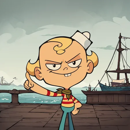 score_9, score_8_up, score_7_up, score_6_up, score_5_up, score_4_up, toon \(style\), FLPJCK, full body, storm, ship, 1boy, blonde hair, (striped shirt:1.2), scarf, hat, blue pants, pointing at looking at viewer, smirk<lora:flpjckv2-50:1>