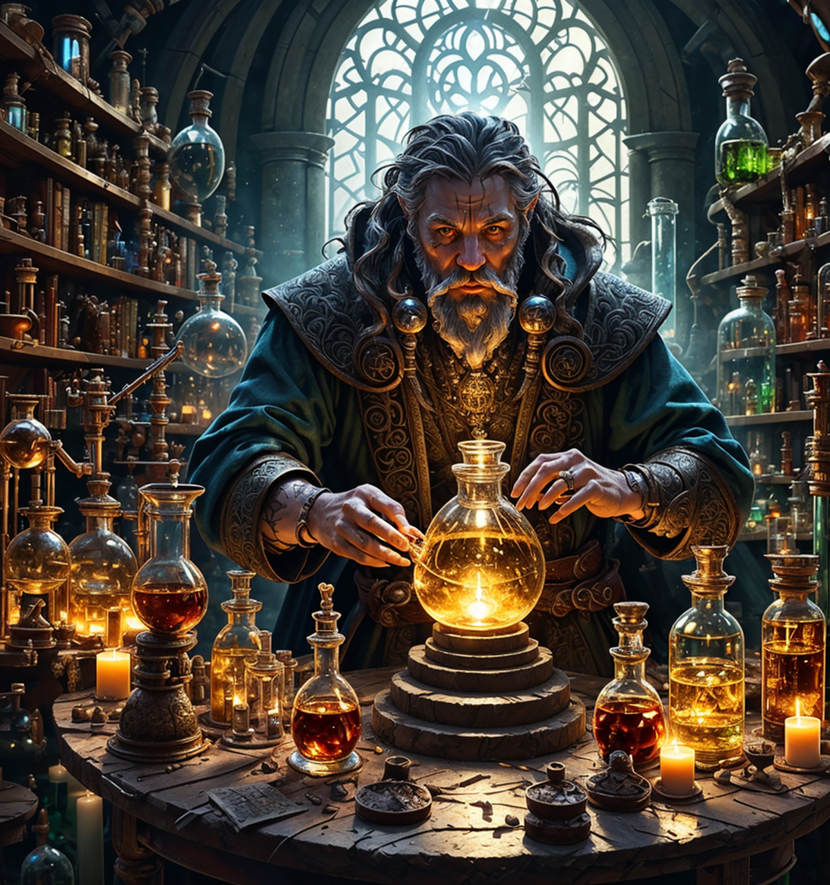 RAW photo, (masterpiece:1.3), subsurface scattering, heavy shadow, (high quality:1.4), (intricate, high detail:1.2), professional photography, HDR, High Dynamic Range, realistic, ultra realistic, photorealistic, high resolution, film photography, ambient lighting, atmospheric effects, <lora:detail_slider_v4:2>, OverallDetail,  <lora:Alchemist-10:1>, 1boy, 1girl, alchemist, beard, belt, black hair, book, boots, brown hair, candle, flask, indoors, jewelry, long hair, mustache, old man, potion, scar on face, solo, test tube, vial, window