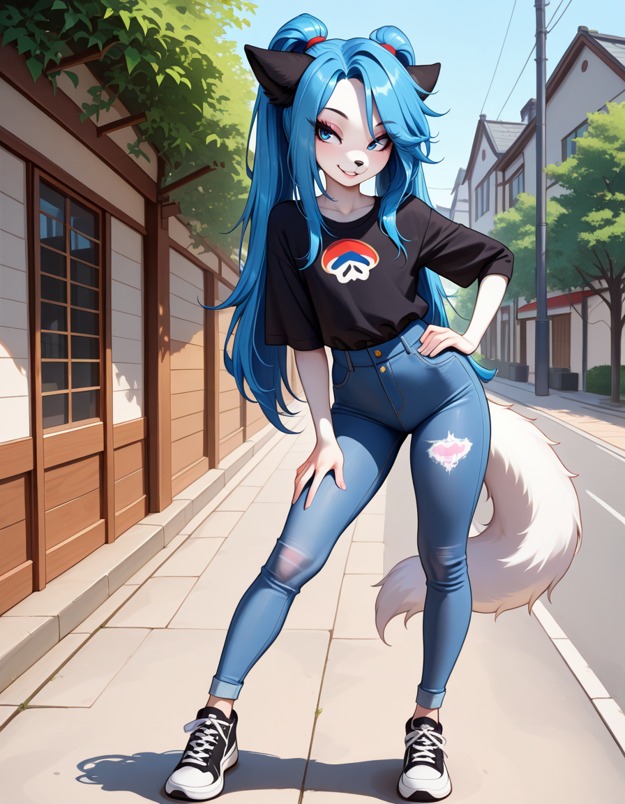 masterpiece, best quality, very aesthetic, absurdres,
outdoors, 
full body, standing, posing, 
casual, 
seductive smile, parted lips, long eyelashes,
 <lora:Moisha_v01_NAIXL:1> Moisha,1boy,solo,furry,furry male,male focus,otoko no ko,animal ears,blue hair,long hair,ponytails,blue eyes,snout,animal nose,dog tail,