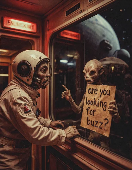cinematic photo A cinematic, high-contrast image of an astronaut inside a futuristic space station, illuminated by red emergency lights. The astronaut leans forward in shock, staring out the large window. An eerie alien with circular space suit with translucent, jellyfish-like skin and elongated fingers presses a handwritten sign against the glass: âare you looking for buzz?â The dark vacuum of space stretches behind it, with a massive, shadowy spaceship barely visible in the distance.  RetroFutureDystopia
 <lora:retro-future-dystopia:0.55>, 35mm photograph, film, bokeh, professional, 4k, highly detailed