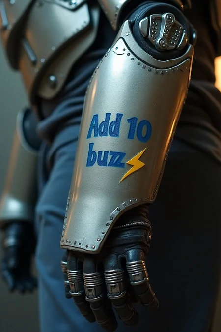 the hand of a strong armored robot. Tattoo on the arm with the text "Add 10 buzz" the text is written in blue letters. There is a yellow lightning bolt icon at the end of the text.