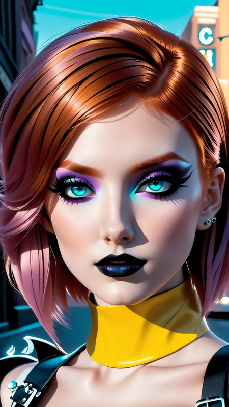 <lora:xl_yamer_style-2.0:1>, dark shot, city street, pastel goth, sexy goth girl, photo of cute 24 y.o redhead woman, cinematic shot, hard shadows, photorealistic, cute face, looking at viewer