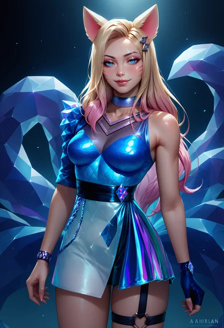 score_9, score_8_up, score_7_up, 1girl, ahrikdaallout, animal ears, facial mark, fox tail, multiple tails, multicolored hair, long hair, blonde hair, pink hair, blue eyes, breasts, makeup, hair ornament, Choker, necklace, Dress, see-through cleavage, asymmetrical sleeves, single fingerless glove, thigh strap, <lora:AhriAllInOne_pdxl_Incrs_v1:1>, seductive smile,