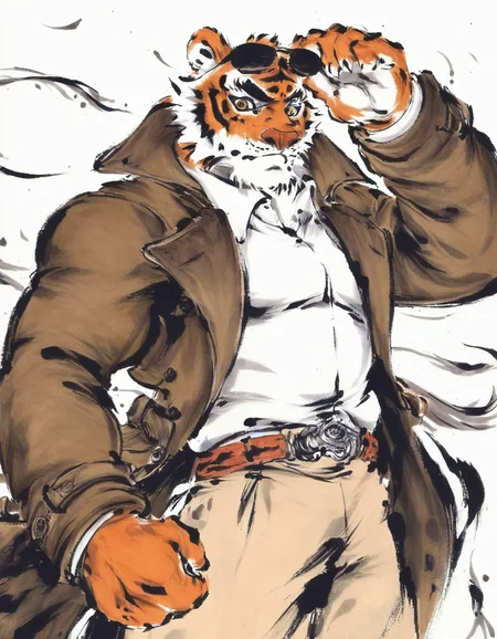 traditional ink wash, style-d, tiger, anthro, solo, muscular male, brown trenchcoat, open coat, belt, tan pants, collared shirt, white shirt, sunglasses on head, adjusting sunglasses, wind, looking down at viewer, three-quarter view, three-quarter portrait, three-quarter portrait,
<lora:PseudoInkWash_1.22-vpred-r:1>