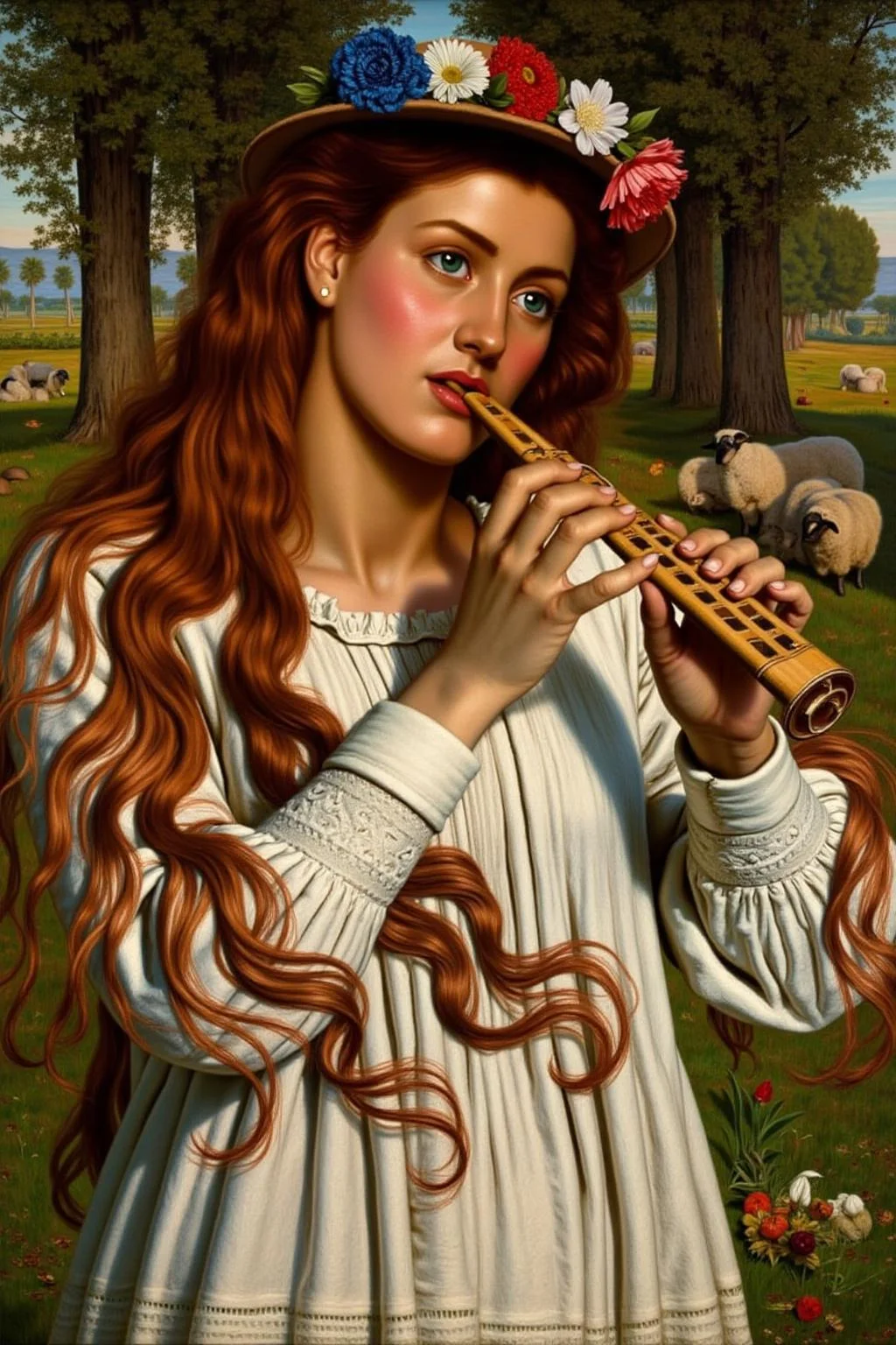 williamhhunt1 painting.
A young woman with long, flowing red hair adorned with a floral crown of red, white, and blue flowers. She wears a white long-sleeved high-necked dress with intricate lace detailing at the cuffs and collar. She plays a wooden flute with her eyes closed and a serene expression.
There are trees and sheep in the background.
<lora:williamhhunt1_cap_d6a3e9:1.0><lora:838058586291595043:0>