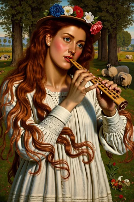 williamhhunt1 painting.
A young woman with long, flowing red hair adorned with a floral crown of red, white, and blue flowers. She wears a white long-sleeved high-necked dress with intricate lace detailing at the cuffs and collar. She plays a wooden flute with her eyes closed and a serene expression.
There are trees and sheep in the background.
<lora:williamhhunt1_cap_d6a3e9:1.0><lora:838058586291595043:0>