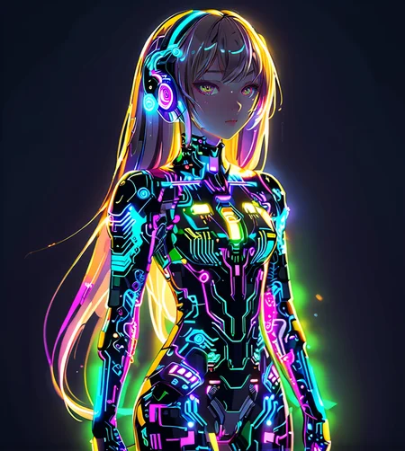 masterpiece,high resolution,8k,
<lora:Circuit_patternXL:0.8>,
circuitpattern,
Anime-style character, glowing cyber suit, neon lights, intricate patterns, long hair, dark digital background