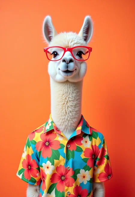 This is a humorous photograph featuring an anthropomorphic alpaca against a solid, vibrant background. It wears funny glasses and a funny, eye-catching colorful Hawaiian shirt. It's ready for vacation and in party mode! The overall style of the image is humorous and whimsical.