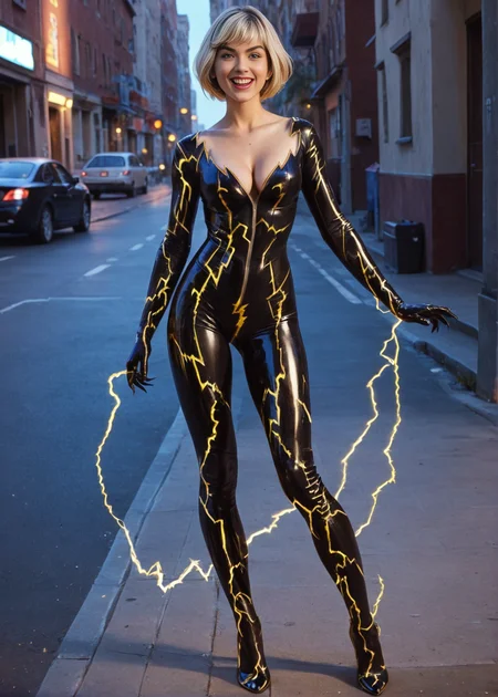 <lora:chainlightning:1> chainlightning, solo, 1girl, short hair, blonde hair, bodysuit, breasts, gloves, cleavage, blue eyes, lipstick, multicolored hair, electricity, high heels, claws, slim, evil laugh, , realistic, photorealistic, portrait, score_9, score_8_up, score_7_up, (SUBJECT), highly detailed, high contrast, film grain, Rim Lighting, masterpiece, best quality, high quality, (realistic anatomy), full body:1.3, front view:1.1, outdoors, city, side street, street, city background, pointy footwear:1.3, 4k, highres, 8k, BREAK, detailed background, detailed body, detailed face, centered, day, latex:1.2