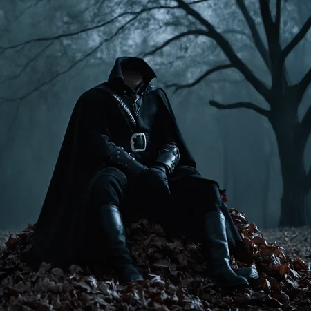 cinematic film still of <lora:Headless Horseman v3:0.9>
Decapitated Headless Horseman a Headless man in a gothic black cloak sitting on a pile of leaves in the dark,solo,1boy,sitting,weapon,male focus,outdoors,armor,tree,helmet,1other,dark,detailed,real,different,unique,cinematic,dramatic,concept art,filmic,horror style, shallow depth of field, vignette, highly detailed, high budget, bokeh, cinemascope, moody, epic, gorgeous, film grain, grainy