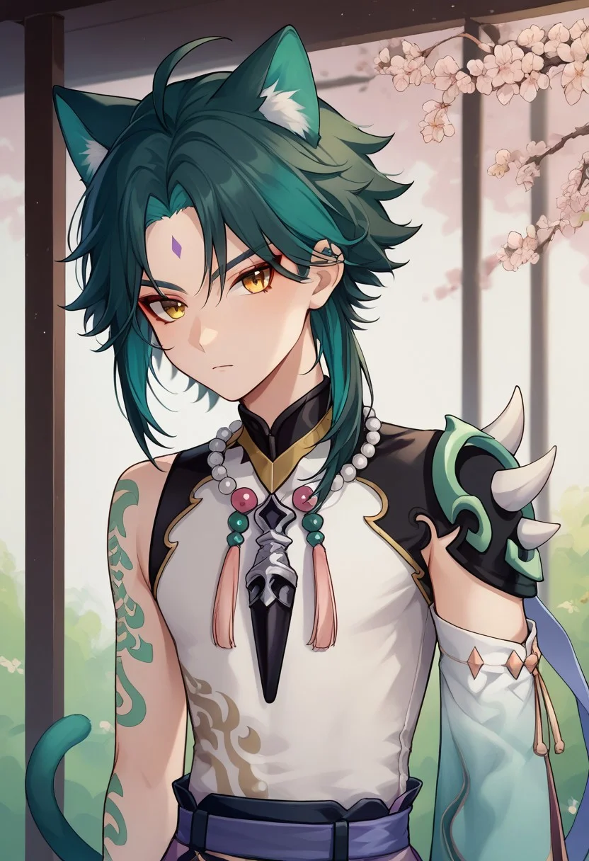 score_9, score_8_up, score_7_up, source_anime, highly detailed,
xiao, 1boy, male focus, solo, green hair, black hair, two-tone hair, ahoge, yellow eyes, facial mark, forehead mark, bangs, shirt, white shirt, sleeveless, single detached sleeve, shoulder armor, shoulder spiked, spiked, tattoo, arm tattoo, jewelry, beads, necklace, bead necklace, upper body,
outdoor, oriental, animal ears, cat ears, cat tail, frown,