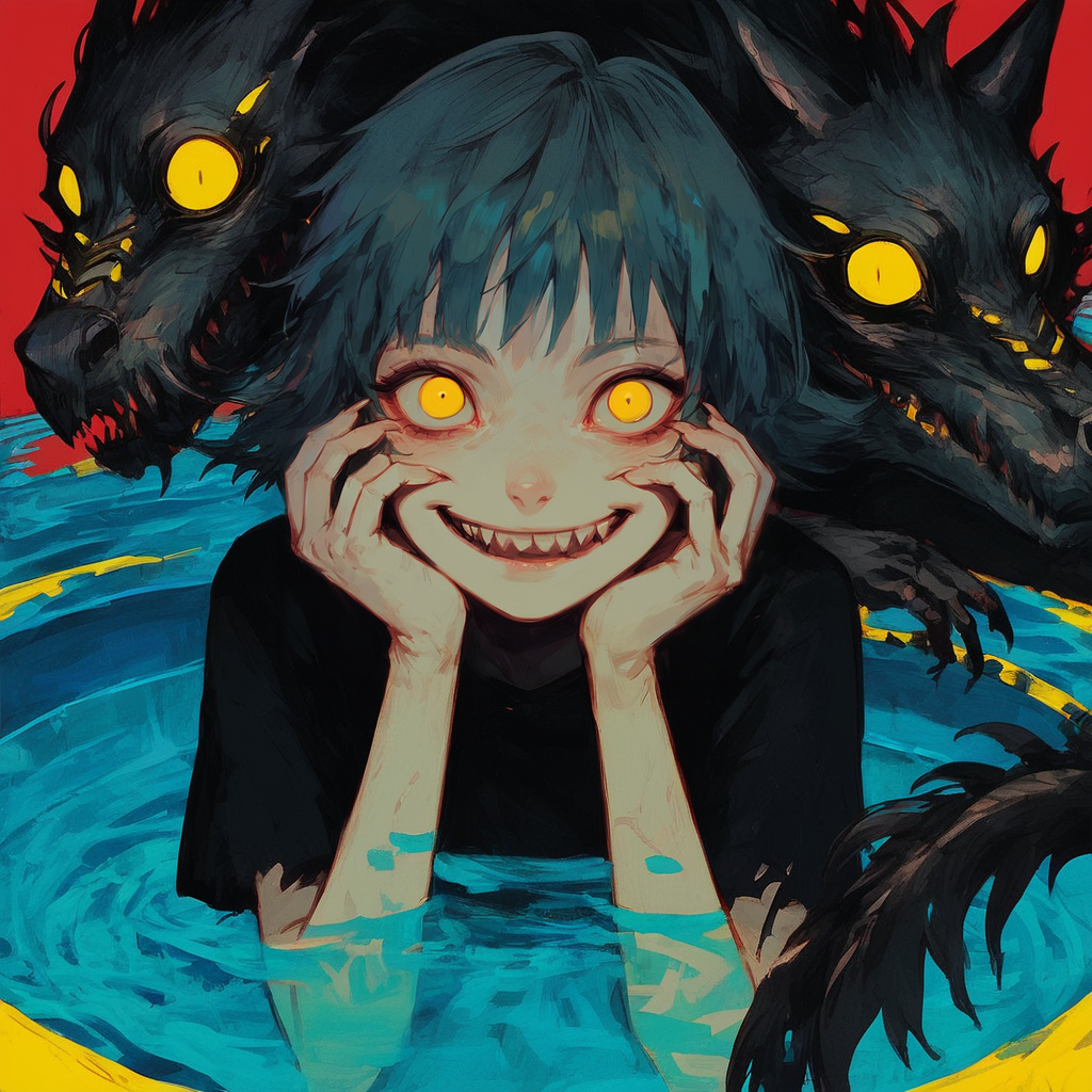 score_9, score_8_up, score_7_up, score_6_up, 1girl, smile, <lora:cr33pp41ntXLP:1> cr33pp41nt, wolf, feral, yellow eyes, water