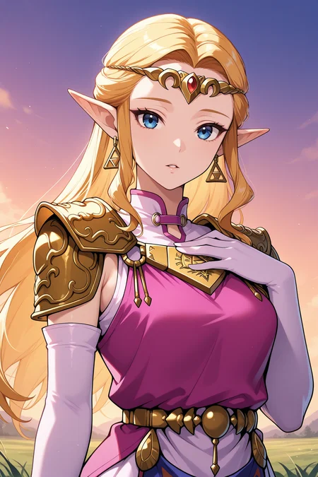 masterpiece, best quality, 1girl, solo <lora:ootzelda-illu-nvwls-v1-000006:1> ocarzld, blonde hair, long hair, sidelocks, blue eyes, pointy ears, gold tiara, earrings, gold armor, shoulder armor, long dress, white dress, magenta tunic, sleeveless tunic, tabard, elbow gloves, white gloves, upper body, sunset, parted lips, looking at viewer, hand on own chest, field,