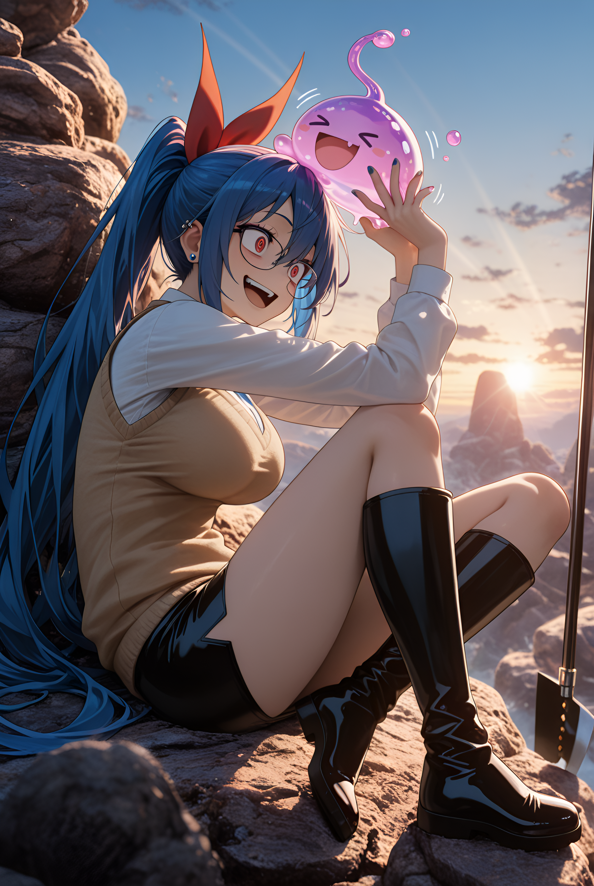 anime character, absolutely eye-catching, mini_skirt, RTX, hanging breasts, glasses, long hair, blurry foreground, knee-high_boots, masterpiece, slashing with the crescent blade of a glaive, addictive, very aesthetic, barefoot, ambient occlusion, Reclining with head propped on hand, large breasts, nail_polish, Medium shot, motion_lines:1.1, blouse, amazing quality, Indoor rock climbing wall, newest, depth of field, 1boy, 8K, light skin, miniature world, Hot Magenta Theme, ultra-detailed, ear_piercing, colorful holds, Midnight blue hair, motion_blur:1.1, ropes hanging., ponytail, sweater_vest, ray_tracing, slime_(creature), best quality, Cel Shading, 1girl, sunset, absurdres, crazy smile, Chitoge Kirisaki (Nisekoi)