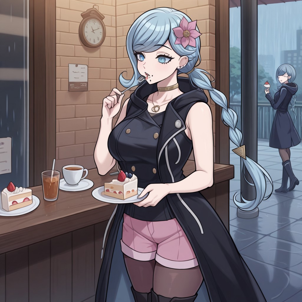 masterpiece, best quality, absurdres, very aesthetic, 1girl, fubuki_clockford, hair ornament, blue hair, blue eyes, hooded coat,chin piercing, pink shorts, pantyhose, braid, sleeveless coat, clock, flower, boots,1girl, outdoors, rain, cowboy_shot, chin piercing, eating cake, indoors, restaurant, fork, plate,