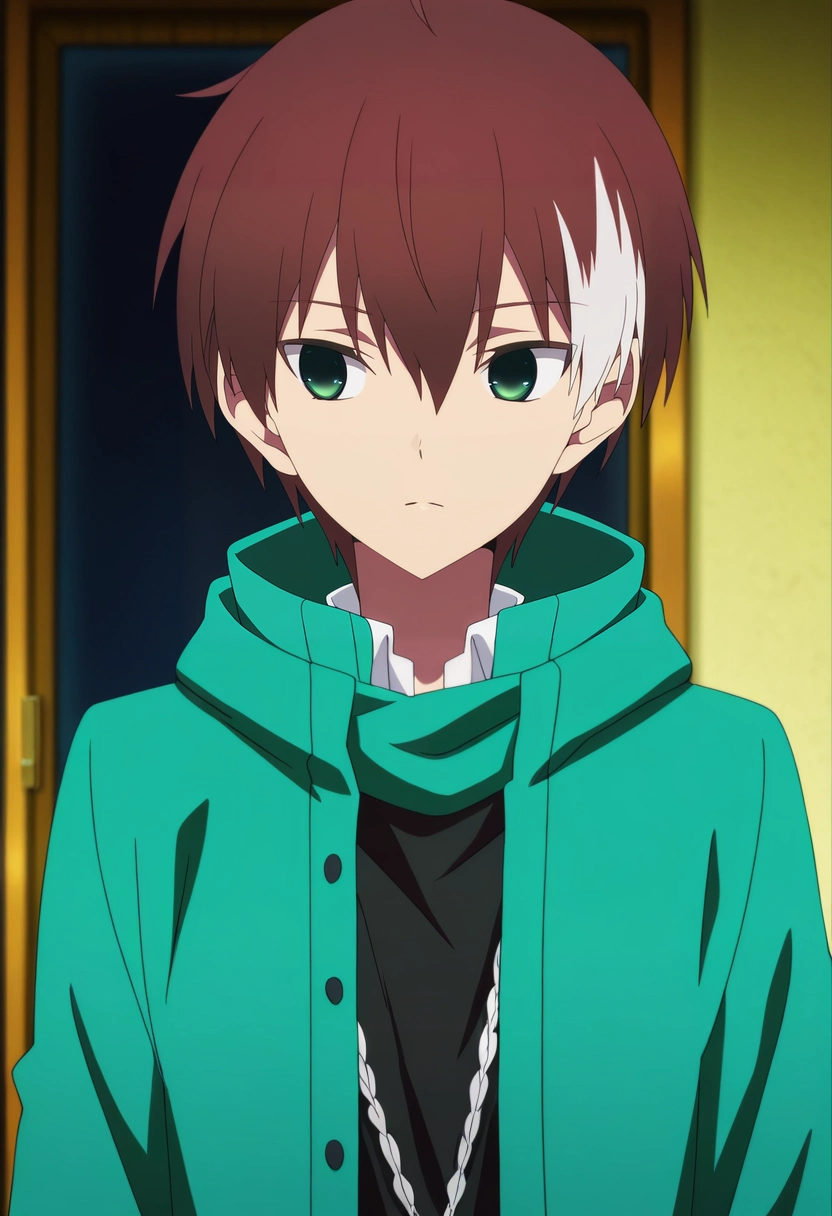 masterpiece, best quality, intricate details, anime screencap, anime coloring, official style,, 1boy, solo, male focus, <lora:akatsuki_iride_ilxl:1>, akatsuki_iride, brown hair, green eyes, short hair, ahoge, multicolored hair, two-tone hair, white hair, ,