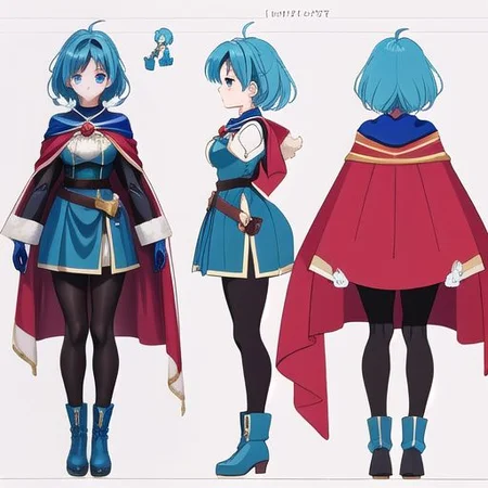 anime, 1990s (style), retro artstyle, princess, woman, blue hair, hair tied up, blue eyes, medieval fantasy, short red cape, light blue pantyhose, blue large boots with a yellow marks, large gloves, model sheet, simples background, chara-sheet