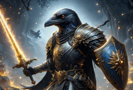 a cinematic photograph of a fantasy (Crow:1.3), yellow glowing eyes, wearing white shiny armor with gold and blue details on, holding a blue glowing sword and shield in an attacking pose, heaven in background, photorealistic, photography lighting, extremely detailed, shot on Sony A7R V with Leica lens, corvidfolk